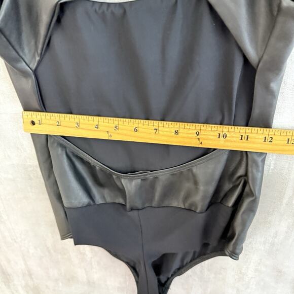 ALIX NYC Black Faux Leather Bodysuit Size M Open Back Cutout Spaghetti Straps - Picture 15 of 16